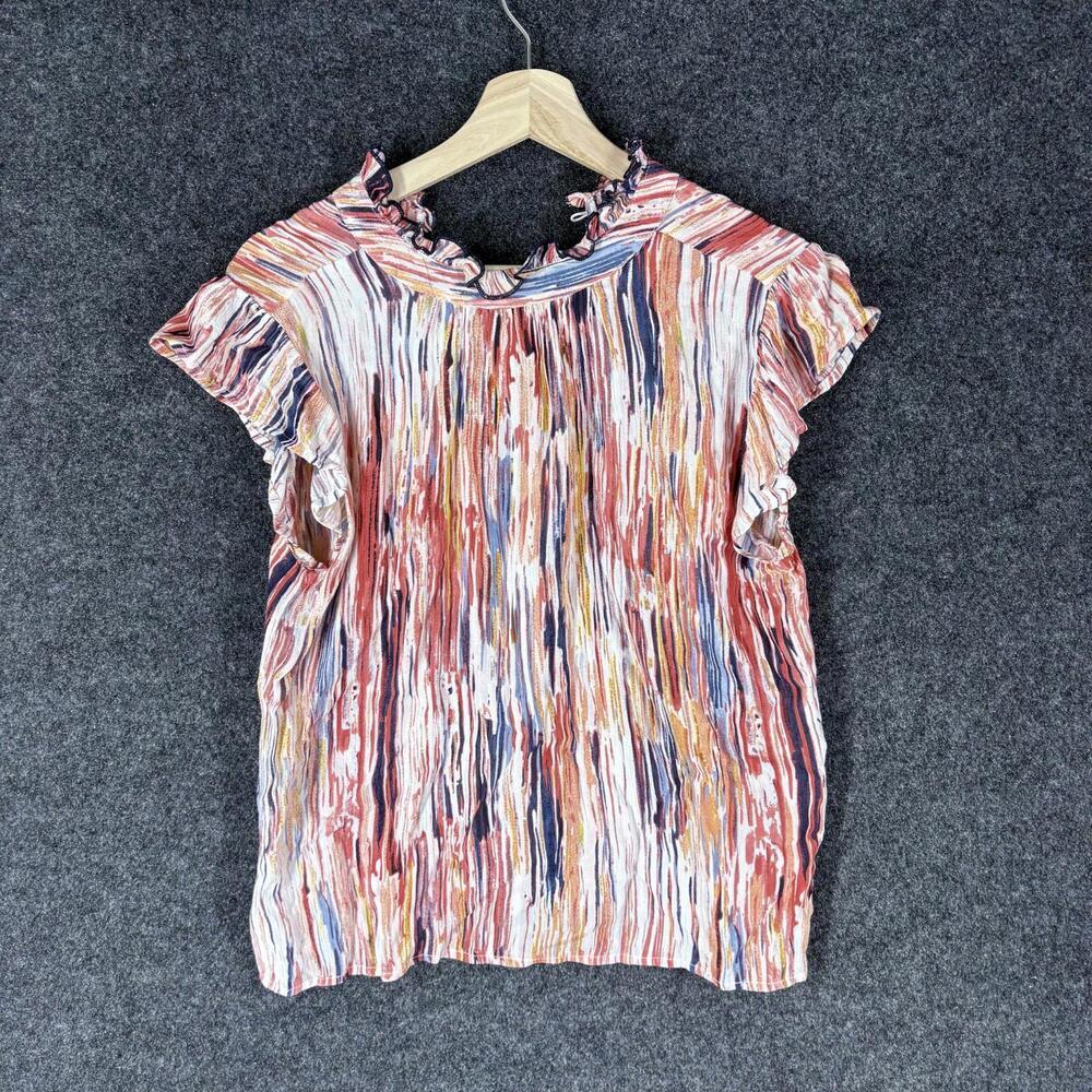 THML Blouse Women M Medium White Striped Short Sleeve Crew Neck Hook & Eye